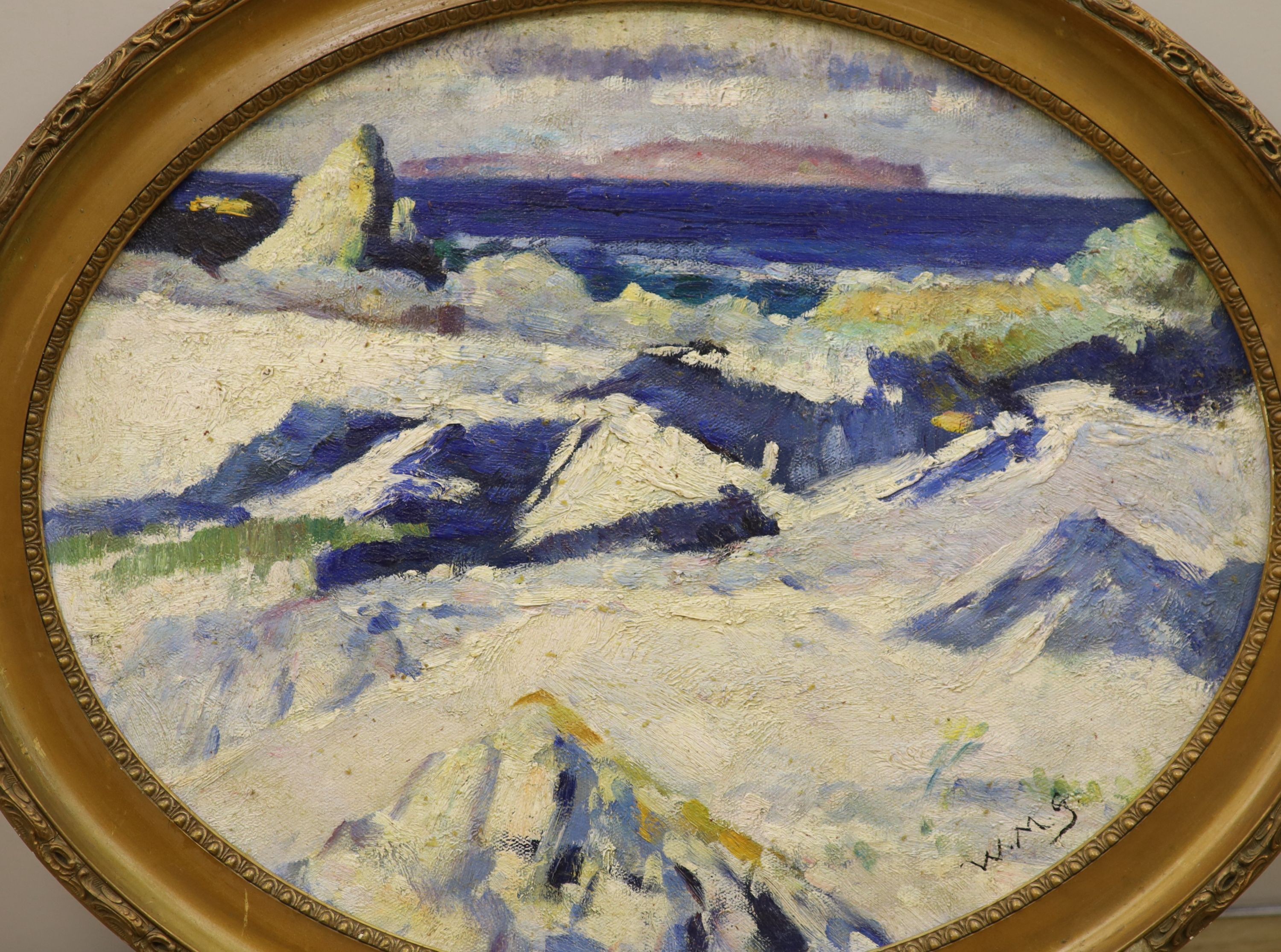Scottish School, oil on board, West Iona, initialled WMS, oval, 40 x 49cm